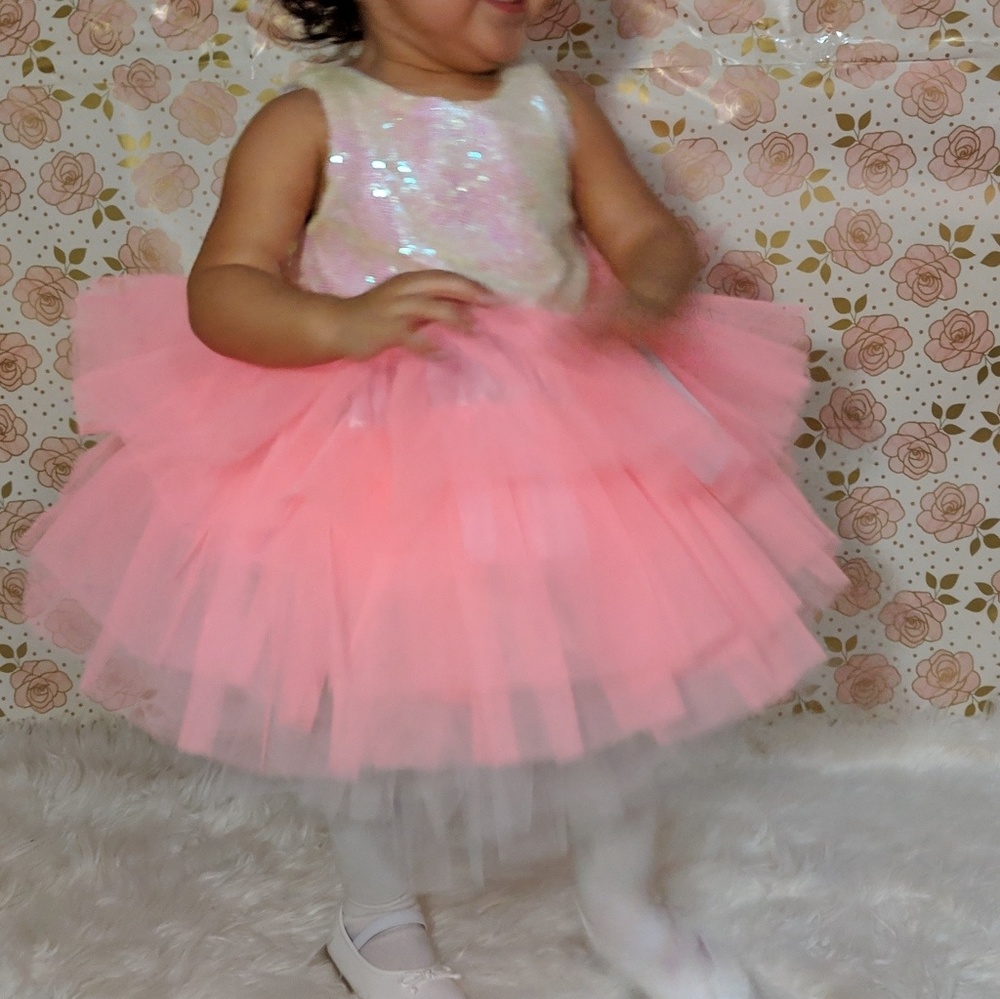 Baby girl birthday party sequin dress pink neon